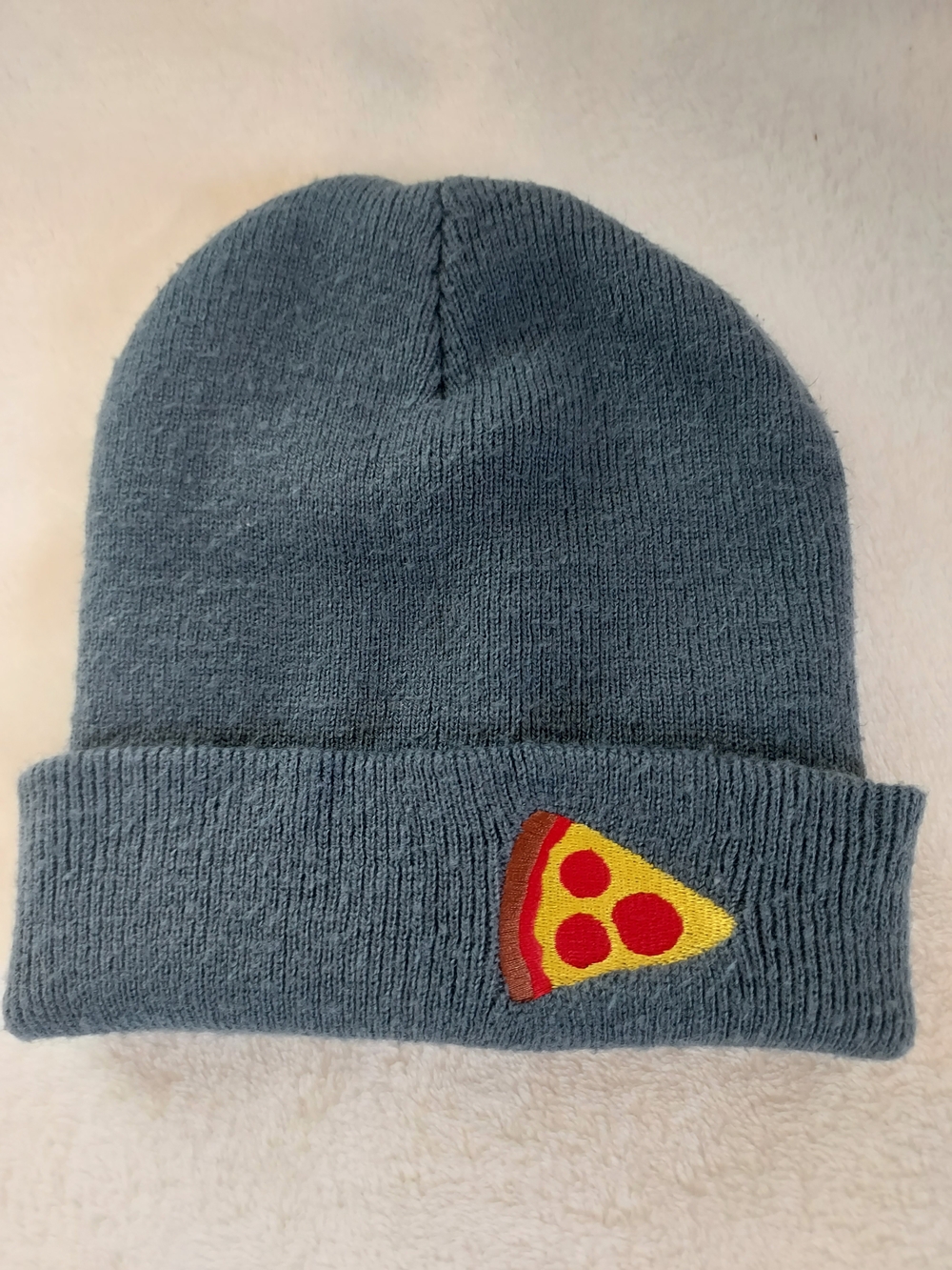 Kids Gray Knit Beanie with Quirky Pepperoni Pizza Patch Embroidery